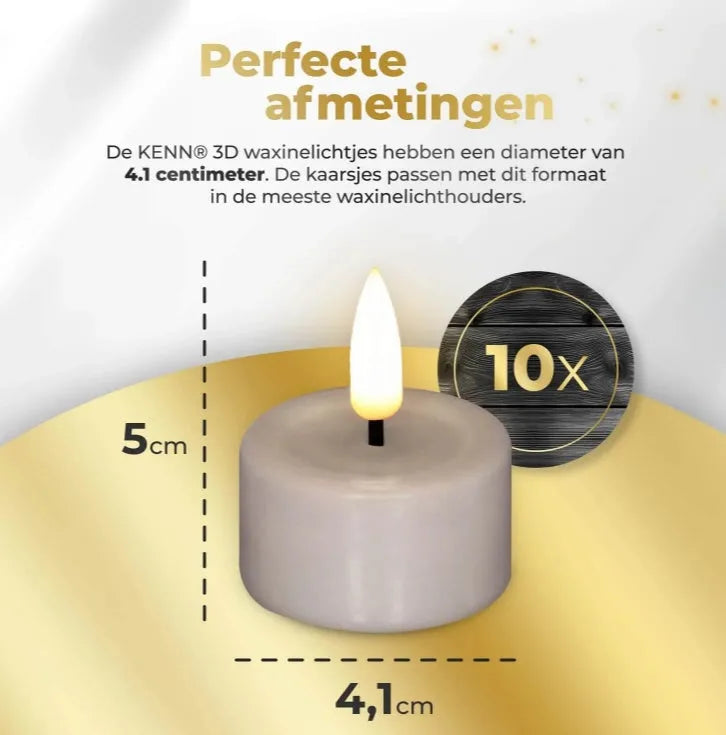 Four taupe coloured S10 3D flame LED tealight candles showing realistic flickering effect.