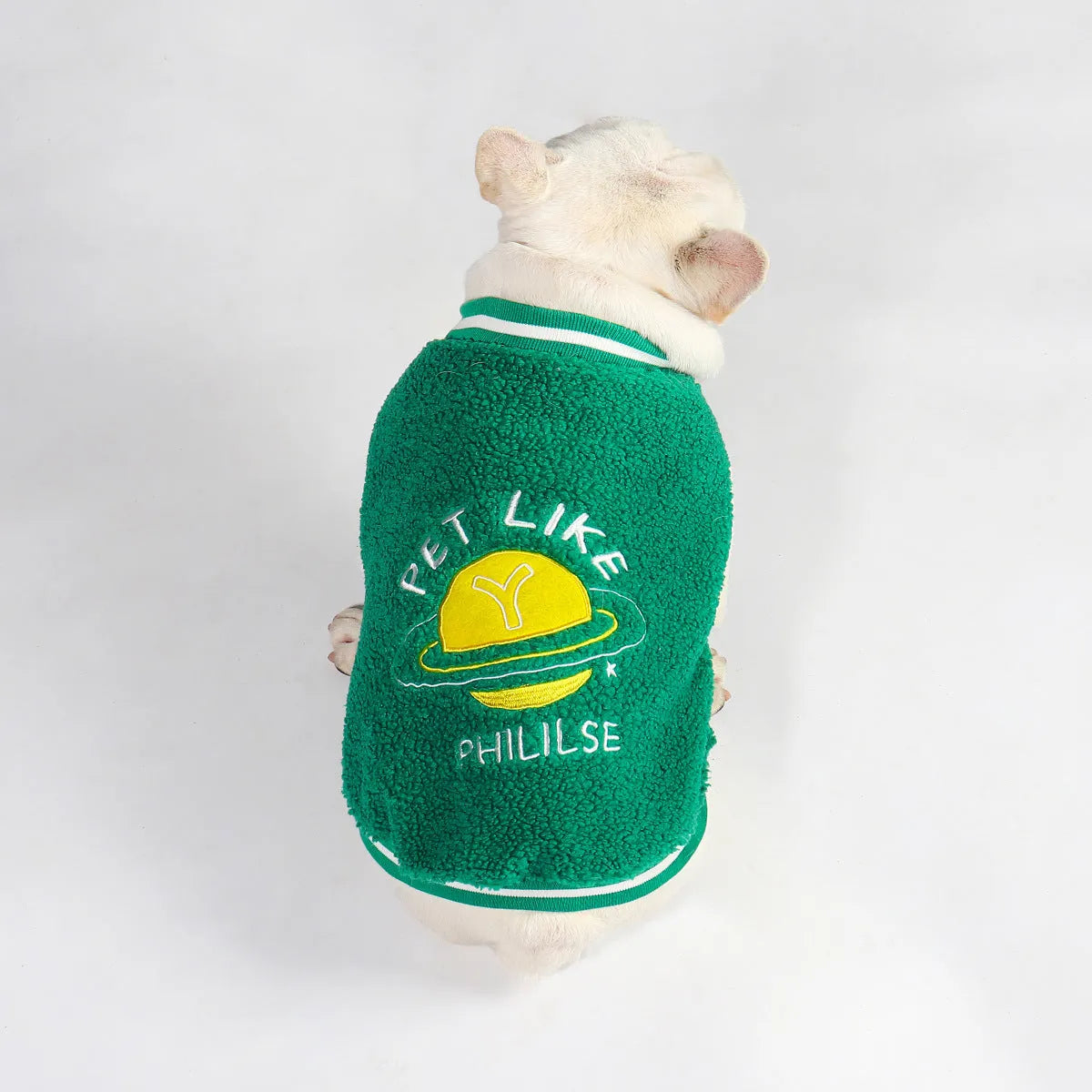 Green fleece-lined cotton winter dog clothing shown in sizes L through 4XL