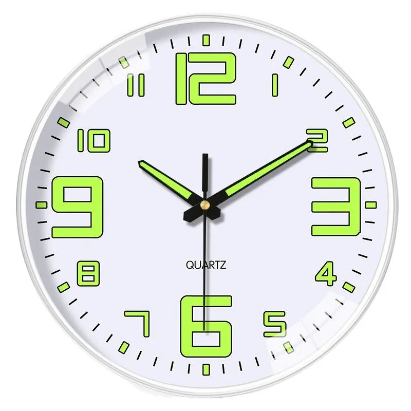8 inch diameter luminous wall clock with modern plastic design in three colour options for living room or office