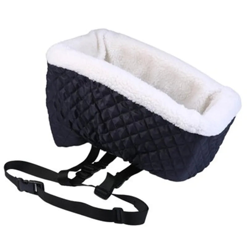 Black polyester pet car bag measuring 44cm by 27cm by 23cm for dog and cat car travel