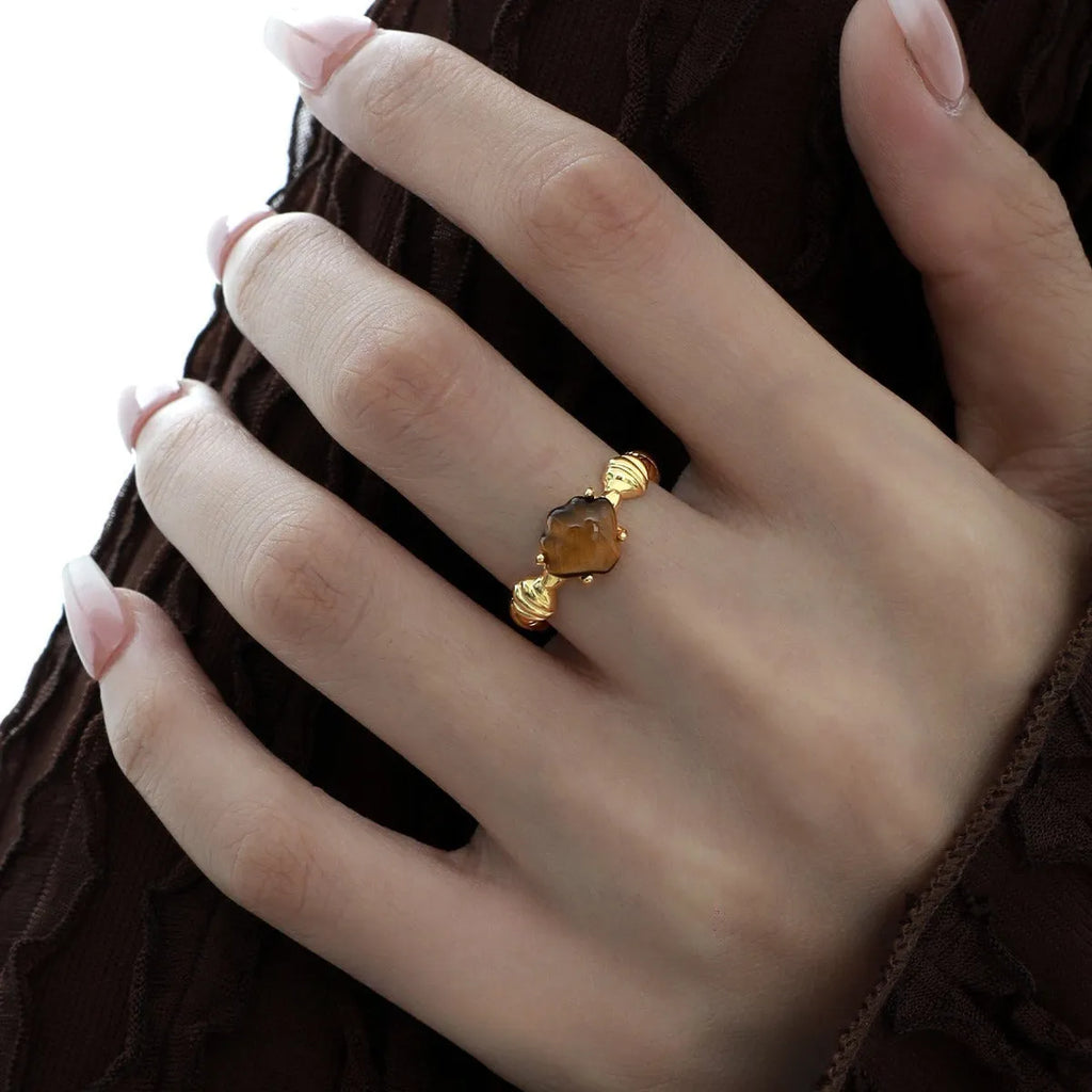 Silver ring with shell tiger eye stone, adjustable opening, electroplated white gold finish side view