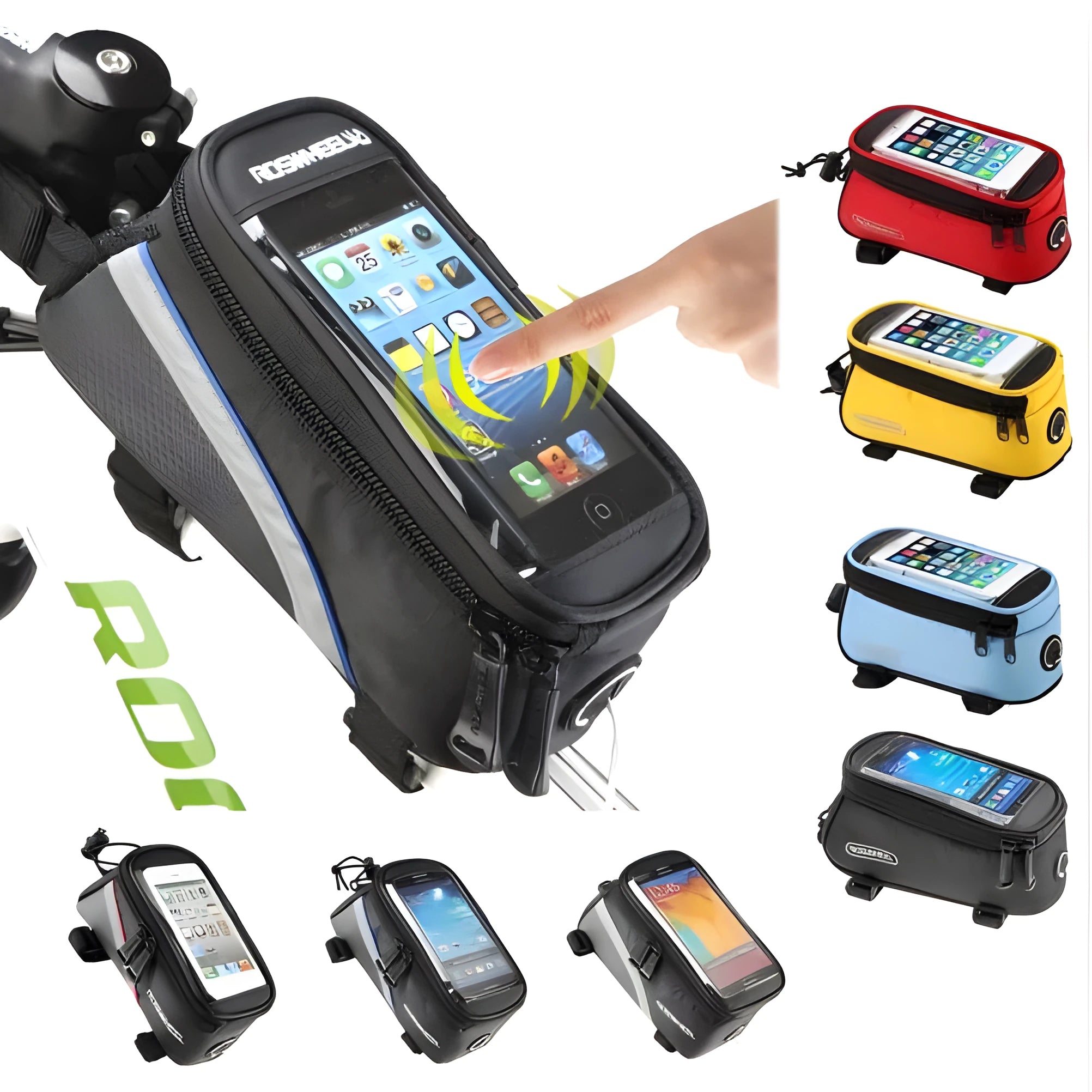 ROSWHEEL black waterproof PVC bicycle frame bag mounted on a bike, holding a mobile phone.