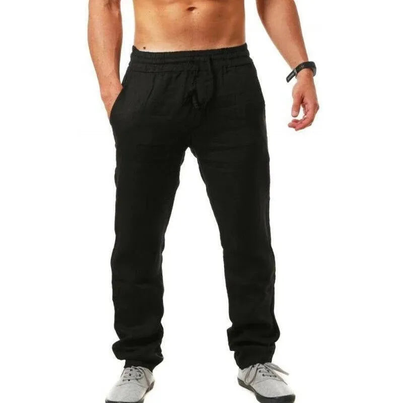 Breathable cotton linen loose sports trousers with drawstring waist in khaki, front view
