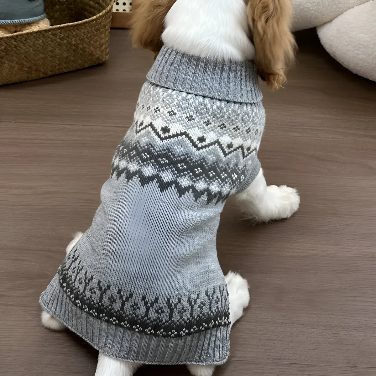 Grey Fair Isle polyester sweater for little dogs and teddy breeds, autumn winter pet clothing