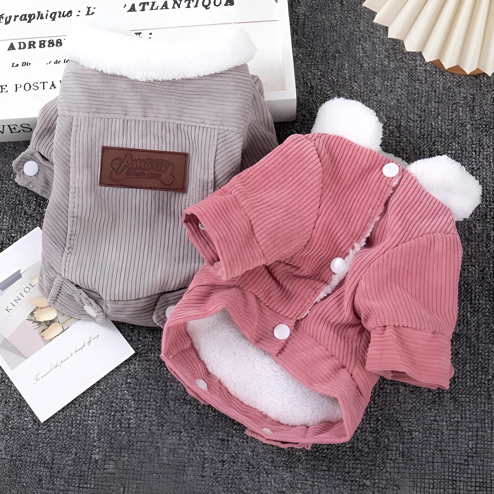 Lambswool grey and pink pet vest with wool lining for dog and cat autumn winter warmth