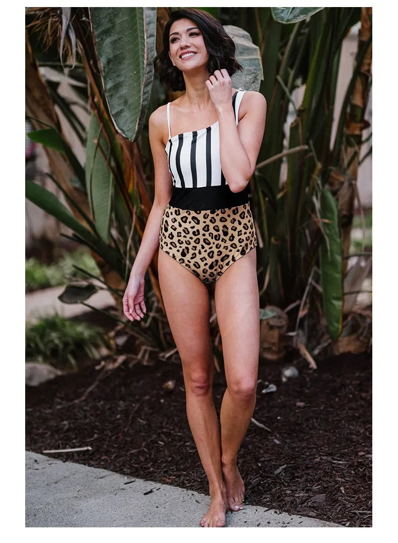 New asymmetric collar leopard print high waist triangle swimsuit for women in leopard print colour
