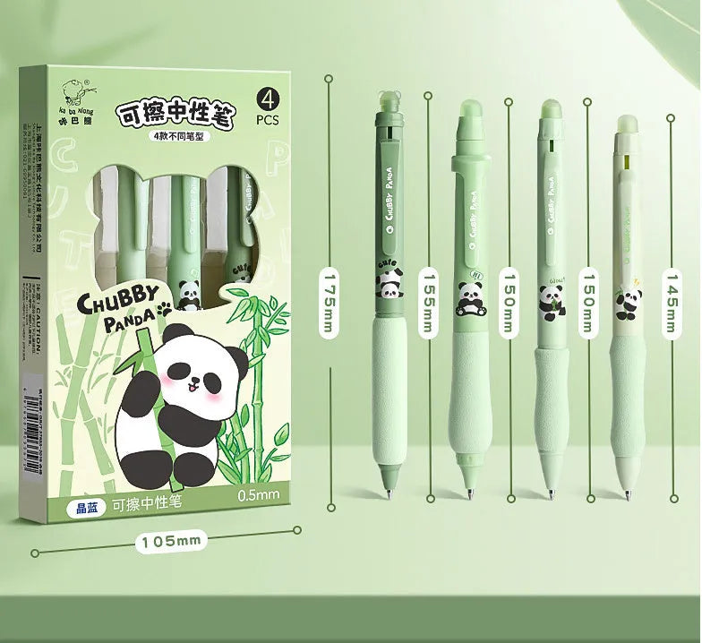 Erasable gel pen with cartoon design and 0.5mm tip in colour options like black and crystal blue.