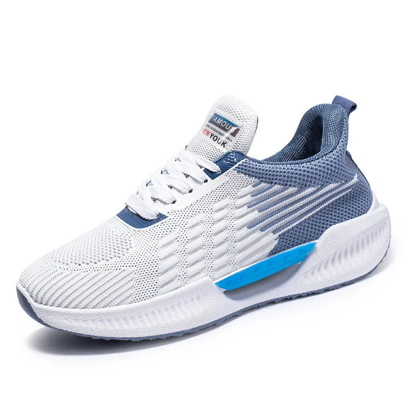 Men's blue casual mesh sports shoes with a round toe and cloth upper on a white background