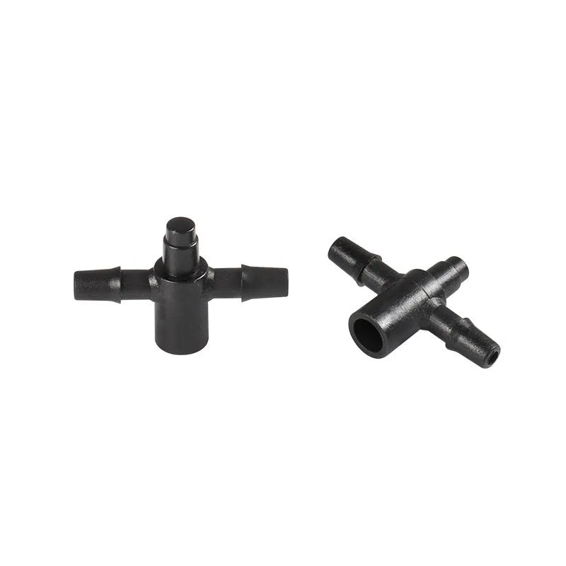 PE plastic tee water distributor joint for micro spray irrigation systems.