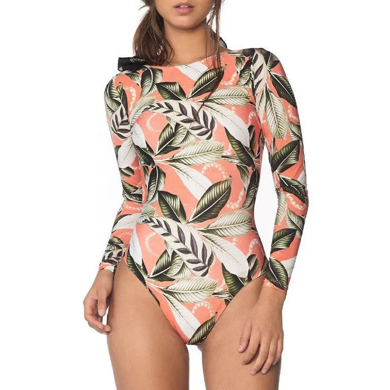 Women's leaf print backless one-piece swimsuit in polyester for swimming sports