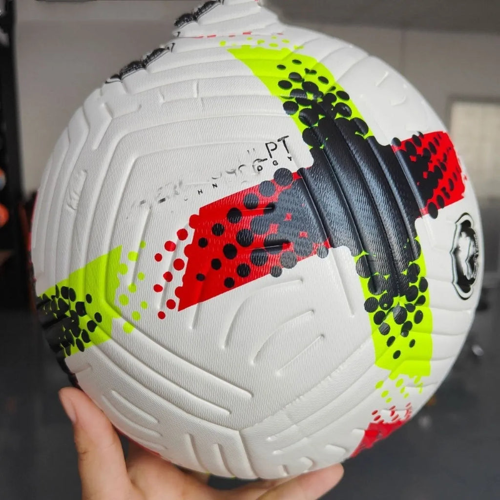 Fluorescent green PU football Size 5 with seamless thermal adhesive patch construction