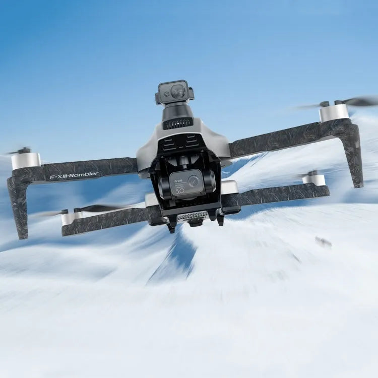 White brushless folding quadcopter drone with camera and obstacle avoidance sensors, shown with remote control, batteries, and shoulder bag.