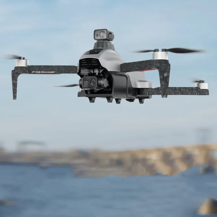White brushless folding quadcopter drone with camera and obstacle avoidance sensors, shown with remote control, batteries, and shoulder bag.