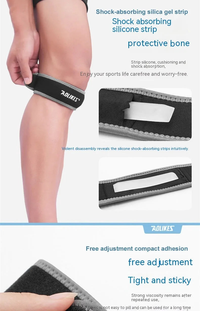 Black and grey adult patella retinaculum knee support for running and sports.