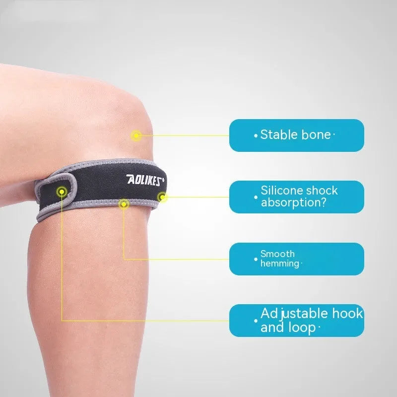 Black and grey adult patella retinaculum knee support for running and sports.