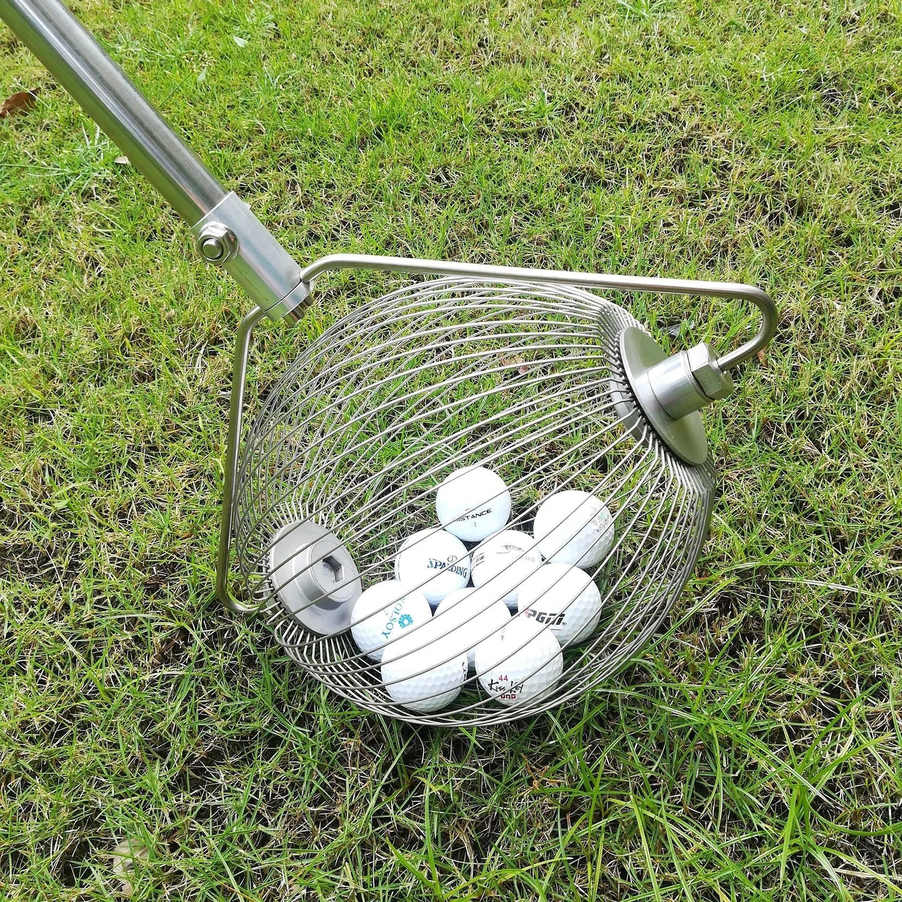 Metallic coloured 304 stainless steel golf ball picker, 47 cm long.