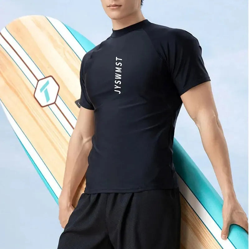 Men's plus size two-piece swim set with vest and trunks in polyester fabric.