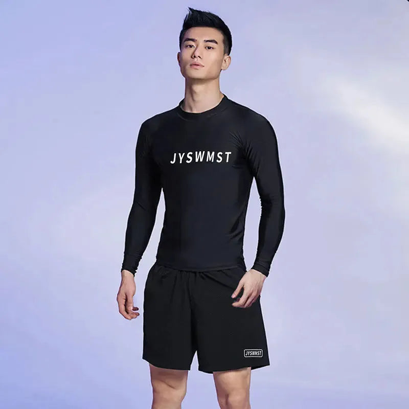 Men's plus size two-piece swim set with vest and trunks in polyester fabric.