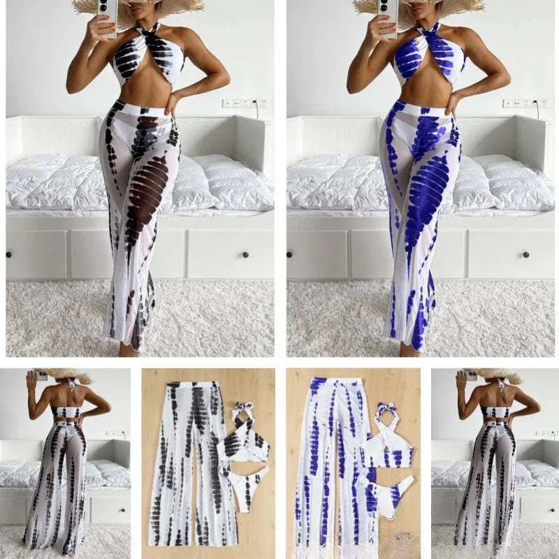Women's three-piece swimsuit set with mesh trousers in quick-drying polyester fabric