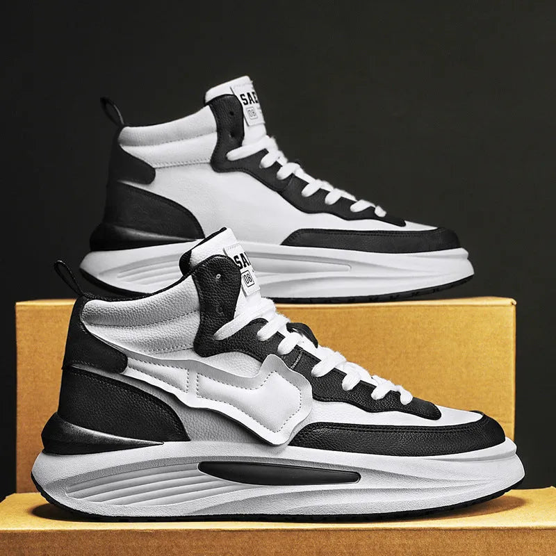 Men's black and white high-top platform board shoe with round toe