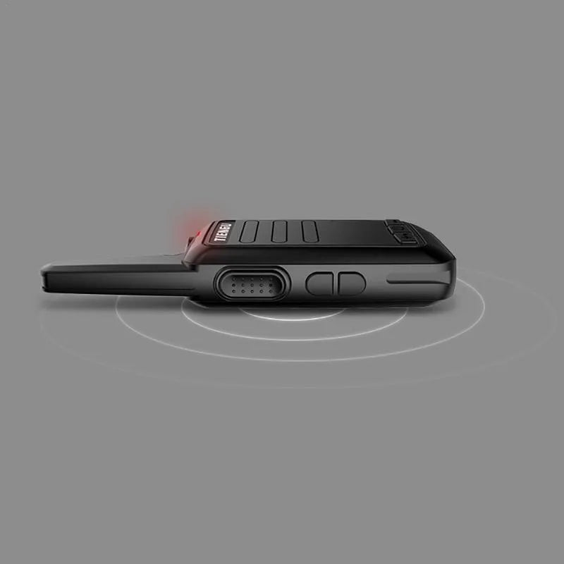 TIENGU black wireless handheld radio with LED flashlight, USB port, and back clip on a white background