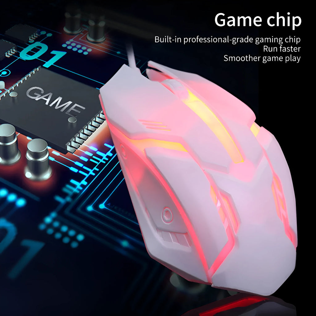 Wired computer mouse with glow lighting effect in black or white colour with USB cable