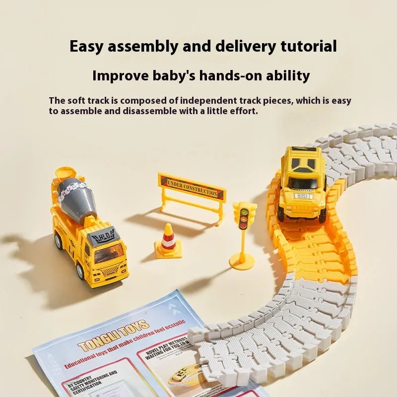 Rail car toy set with plastic track pieces and two electric cars in multiple piece counts