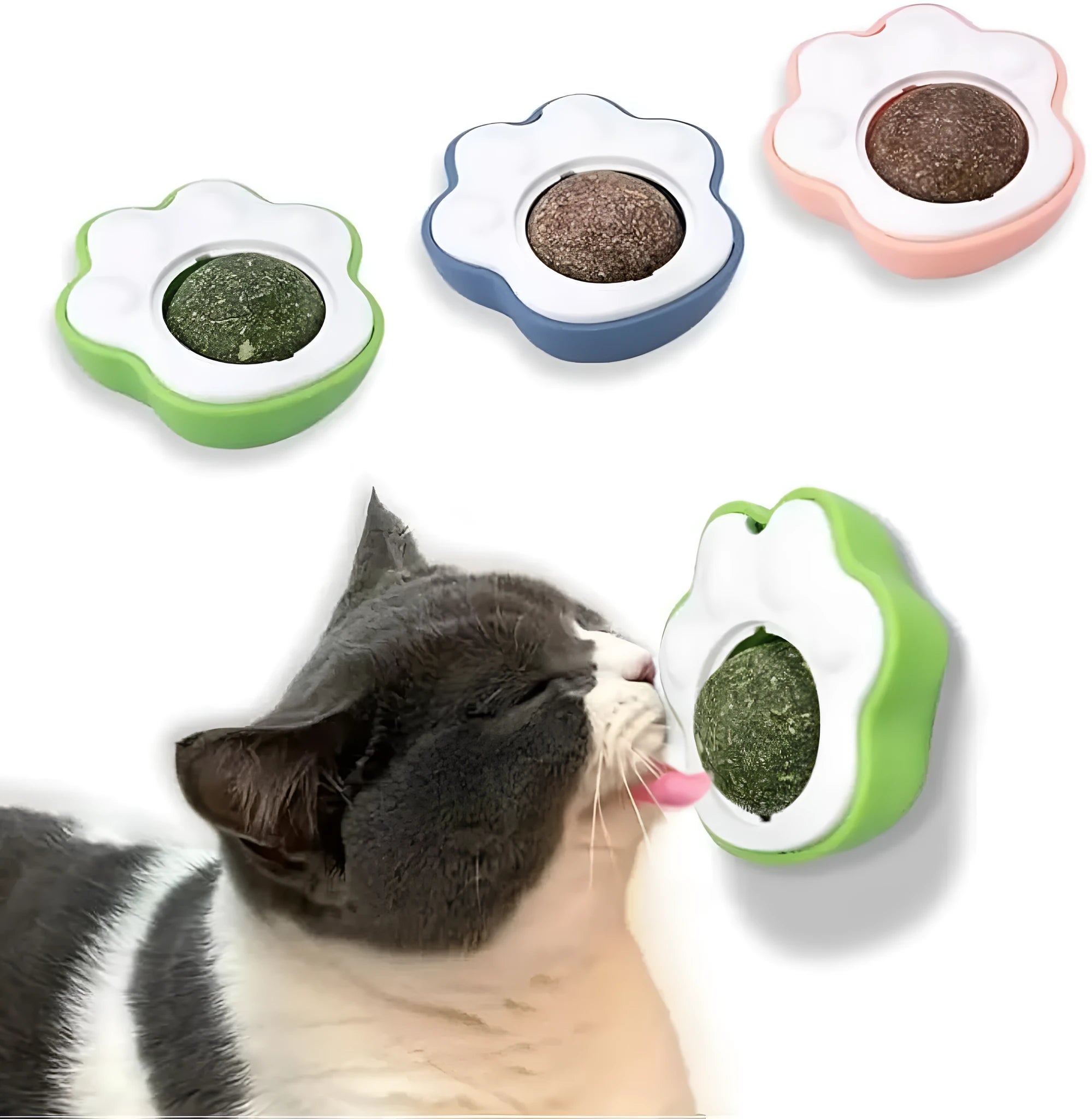 Blue, green, and pink natural vine catnip balls for feline dental cleaning and play