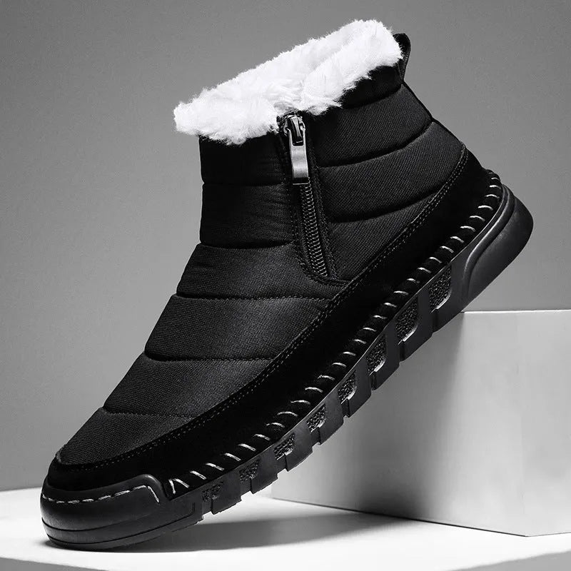 Men's plus size British-style snow boots in black with a cotton upper and flat rubber sole.