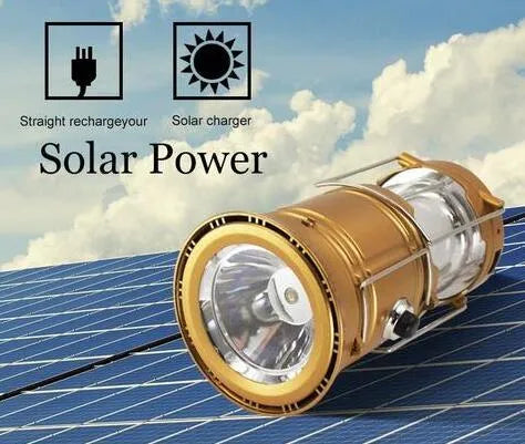 LED solar camping lantern collapsible with reflective lenses and rubber handle, 9x13x7.5cm, water resistant ABS construction