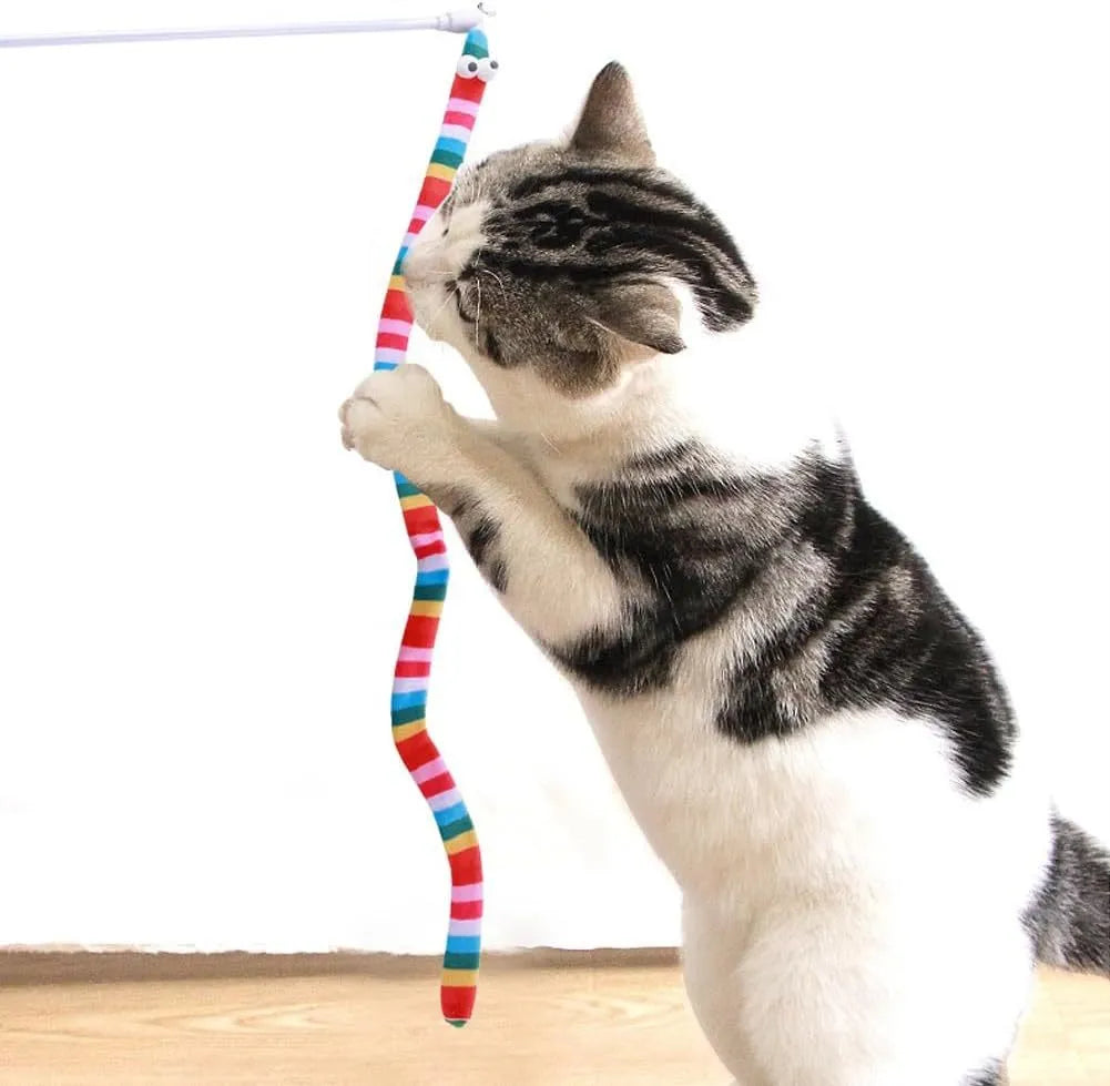 Long cat wand toy with a colourful plush strip and bell for interactive play with cats