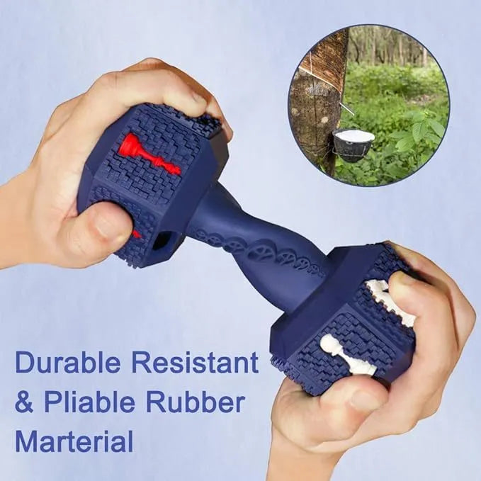 A blue dumbbell-shaped dog chew toy with a textured surface and hollow ends for treats.