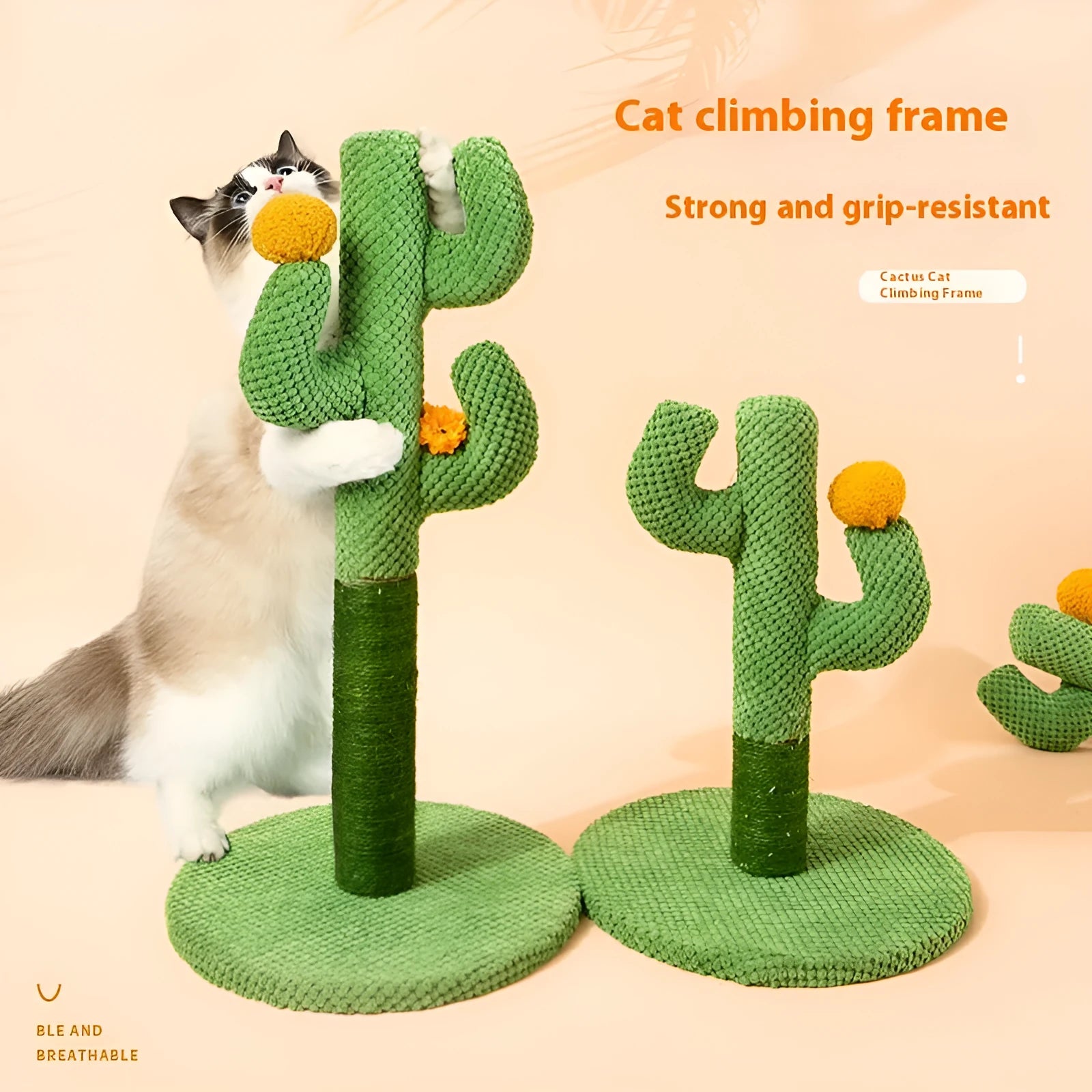 Cotton rope cat scratch climbing pole in cactus or coconut tree design for claw sharpening.