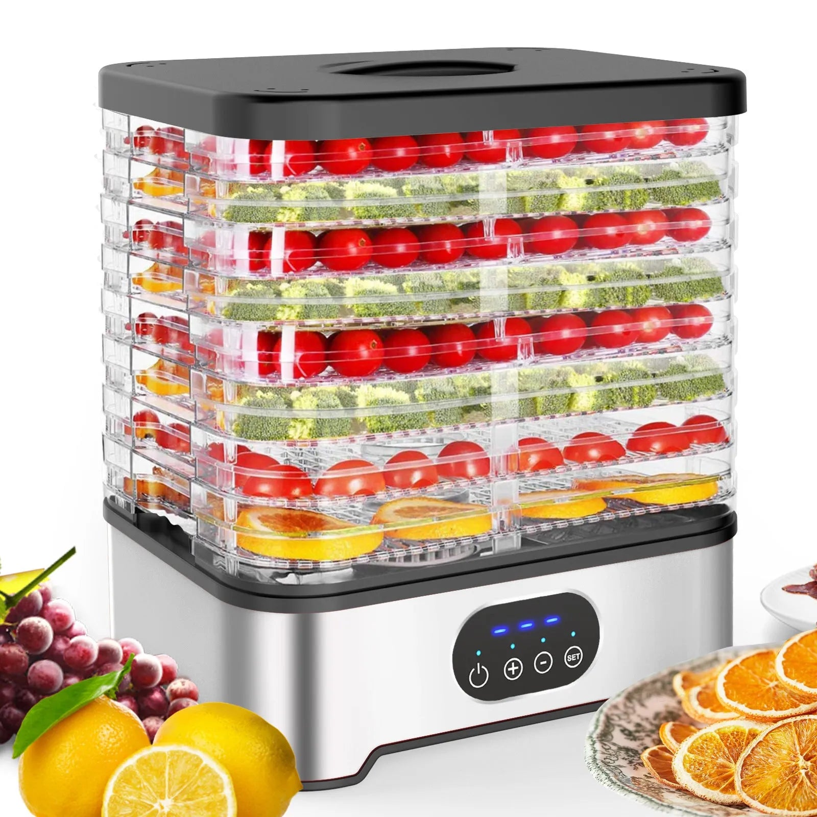 Silver 8-layer household food dehydrator with UK plug on a kitchen counter.