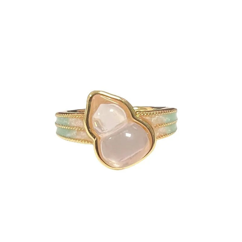 Copper gourd flower bow ring with vintage oil dripping effect and adjustable opening for women