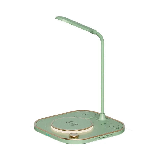 Black wireless charging desk lamp showing phone charging on magnetic surface with integrated lighting