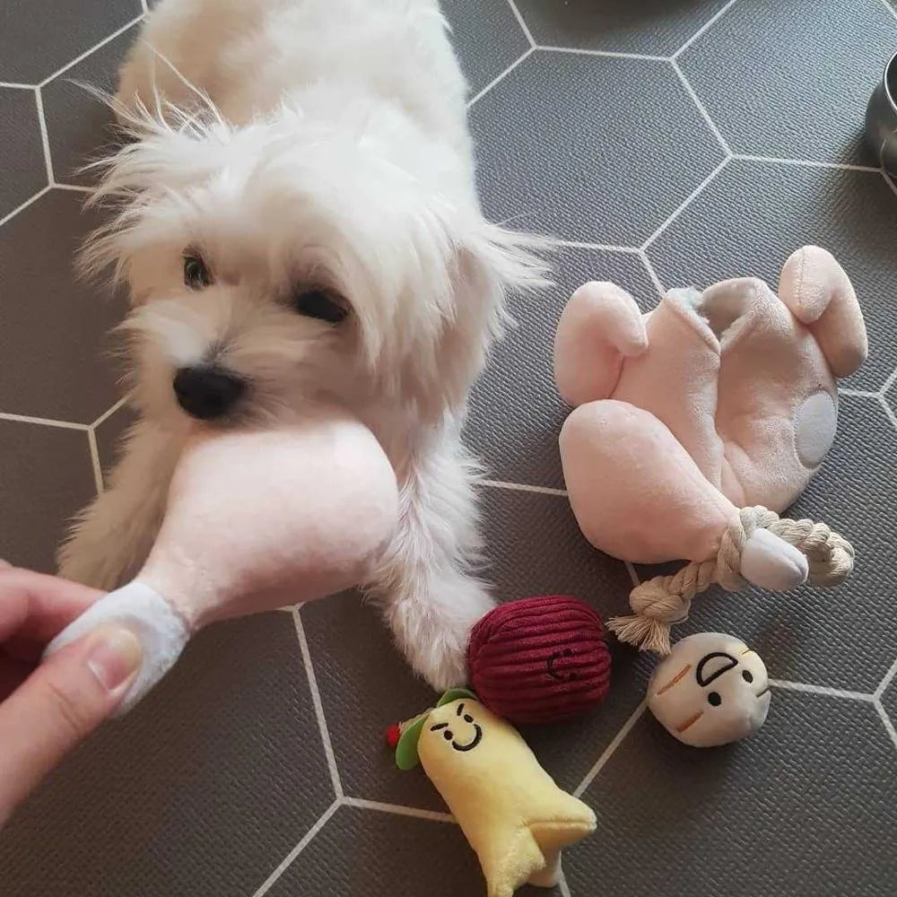 Cartoon cute pet dog cat squeaking plush sound toys chew throw set with chicken and molar rope