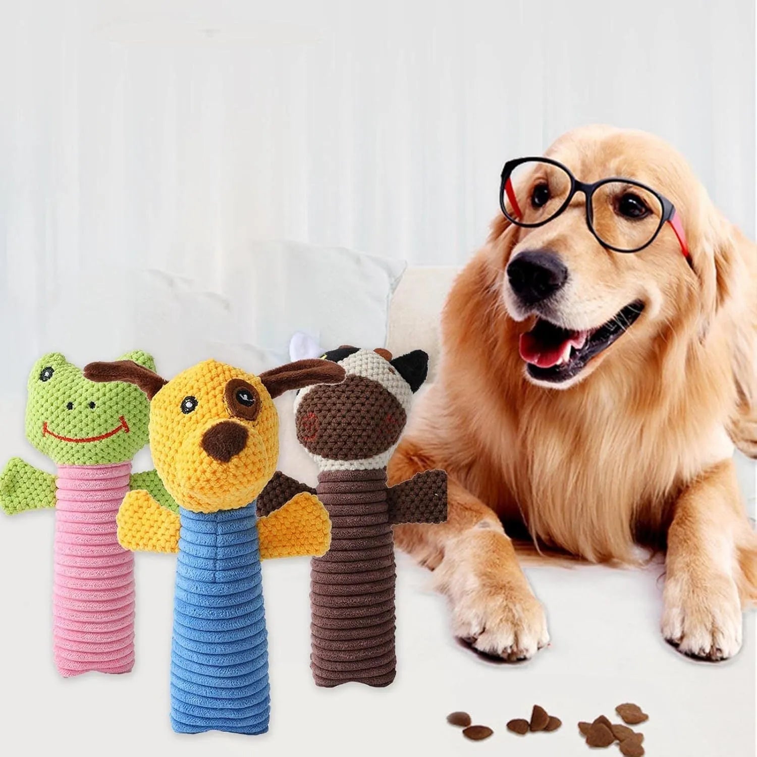 Soft plush dog squeaky toy in stuffed animal shape for dental cleaning chew.