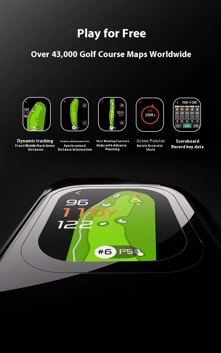Black GPS rangefinder with AMOLED touch screen display showing distance measurement interface