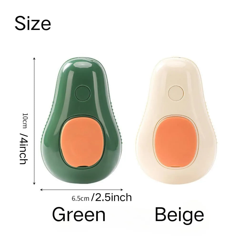 Green and white cat steam brush with silicone bristles showing water tank and compact 11cm design