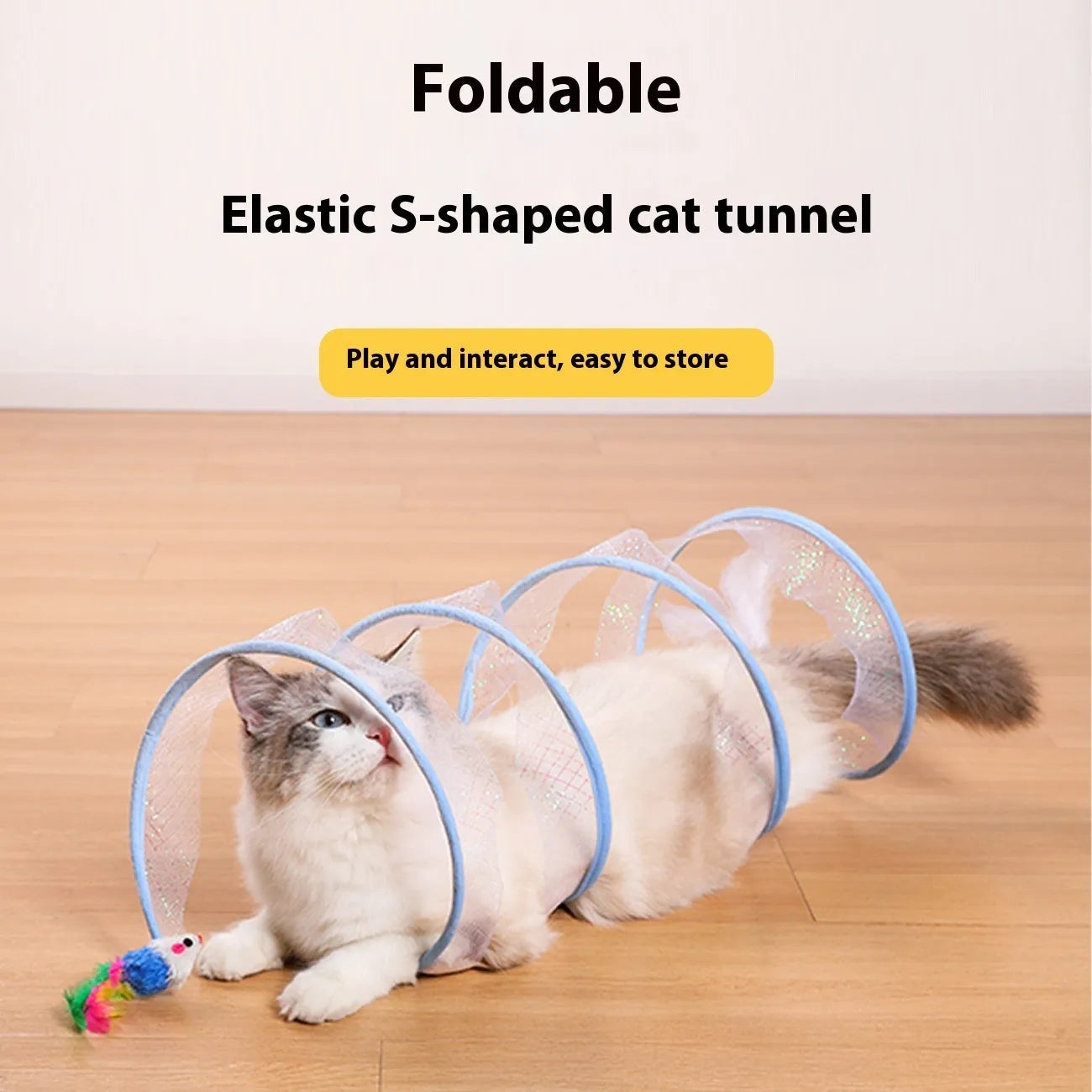 Cat tunnel toy with steel frame and elastic netting featuring feather teaser attachments