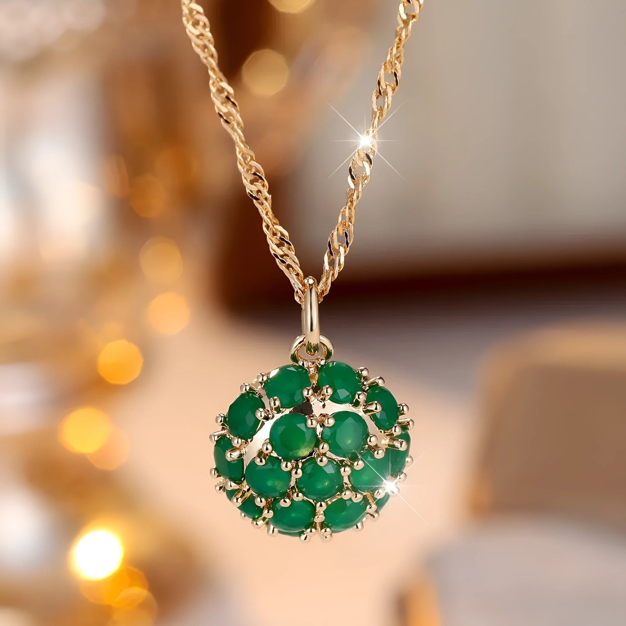Golden green jade diamond women's necklace with round emerald pendant on an adjustable chain.
