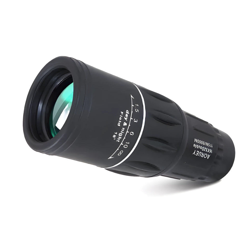 Black 16x52 high-power monocular with eyepiece focus and 52mm objective lens.