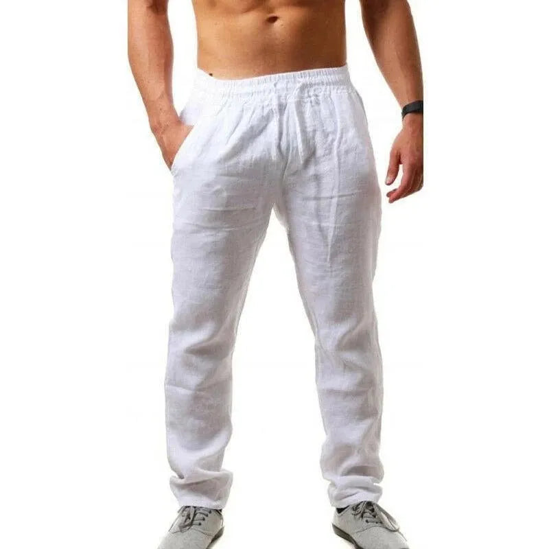 Breathable cotton linen loose sports trousers with drawstring waist in khaki, front view