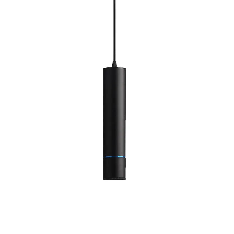 LED chandelier macaron spotlight with aluminium body, 60mm diameter, black finish, on ceiling with hanging wire