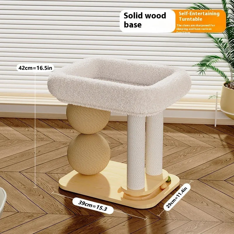 Pine wood cat scratching ball nest with integrated resting area in three style variations