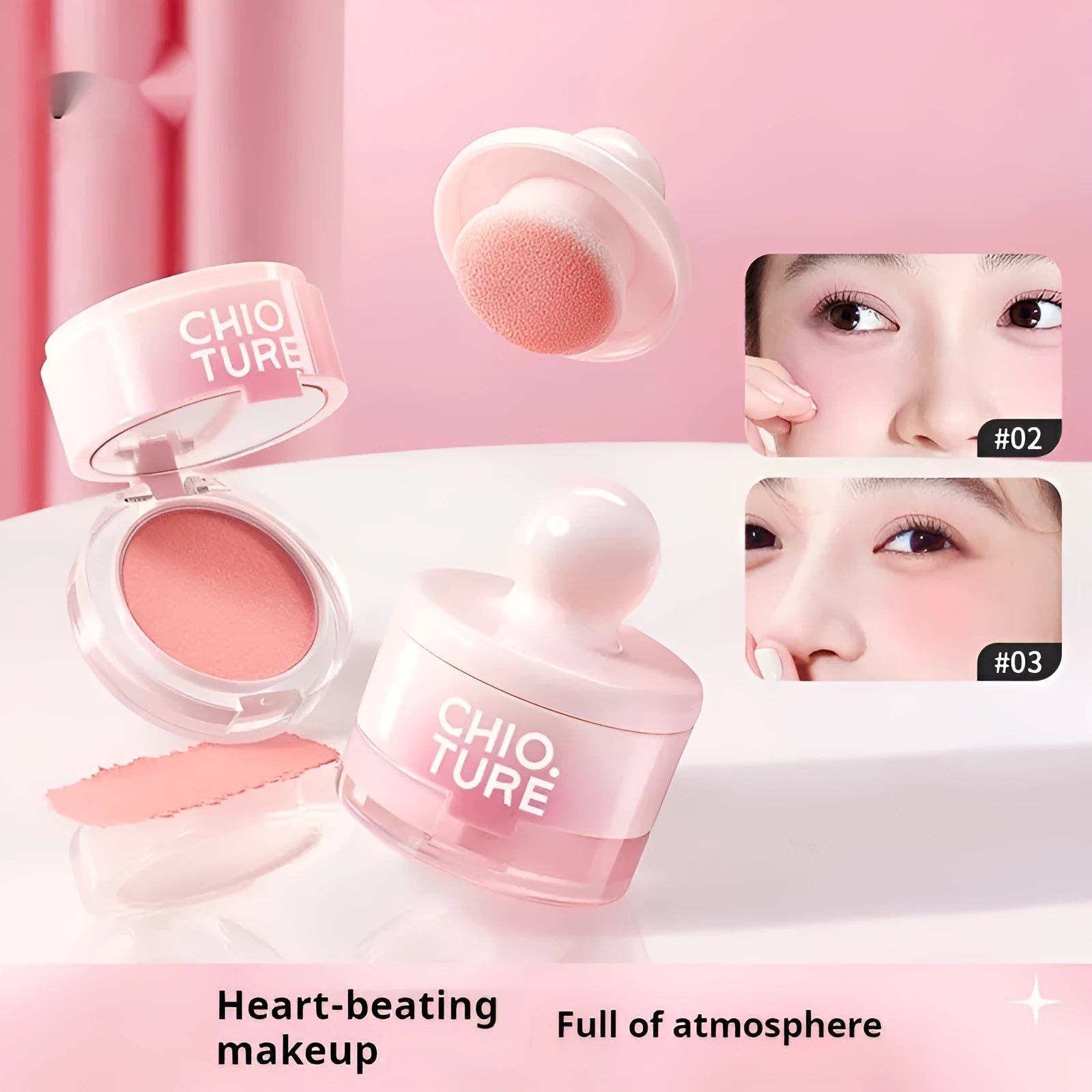 Blush powder compact showing four nude monochrome shades with shimmer finish