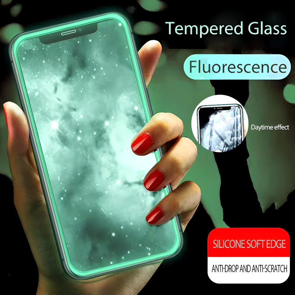 Luminous tempered glass screen protector for iPhone showing glow feature in dark setting