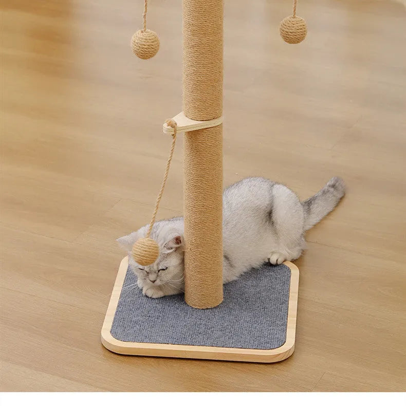 Simple cat climbing frame with windmill design and hanging ball toy on carpet leather surface