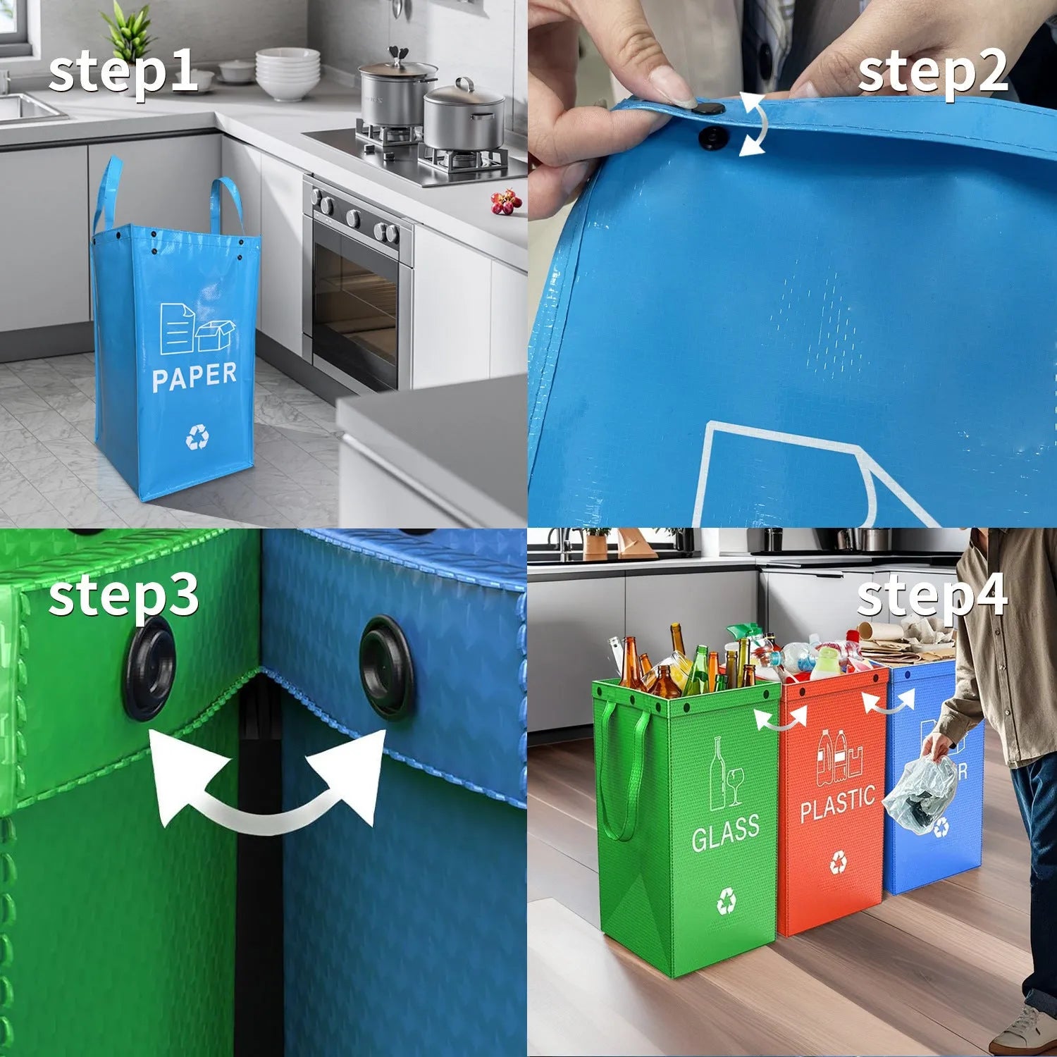Blue 40-litre plastic handbag-style garbage bin with dimensions 30cm by 50cm by 30cm.